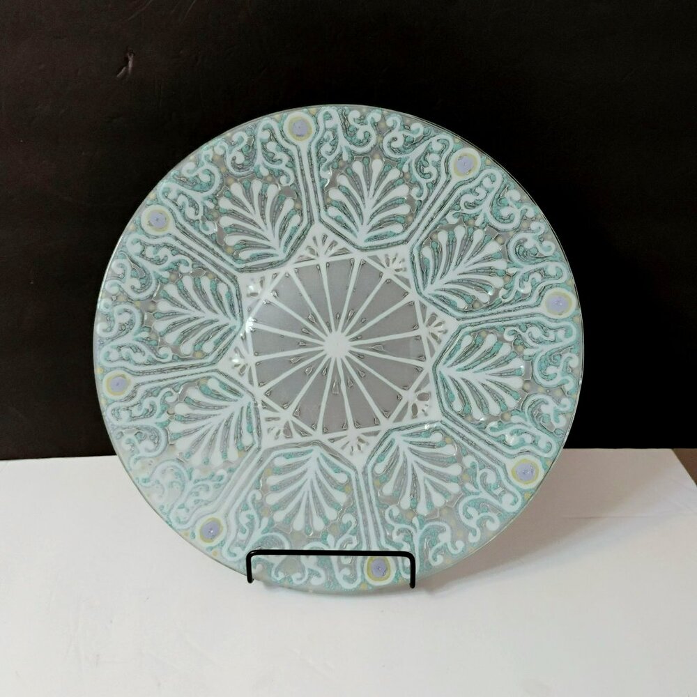 Higgins Mid Century Art Glass Plate 11" Fused Starburst Design, Aqua Gold Purple